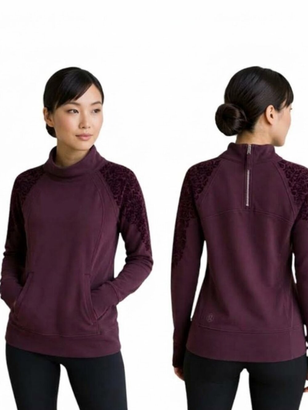 Lululemon Floral Flock Pullover Sweater Black Cherry Purple Sz 10